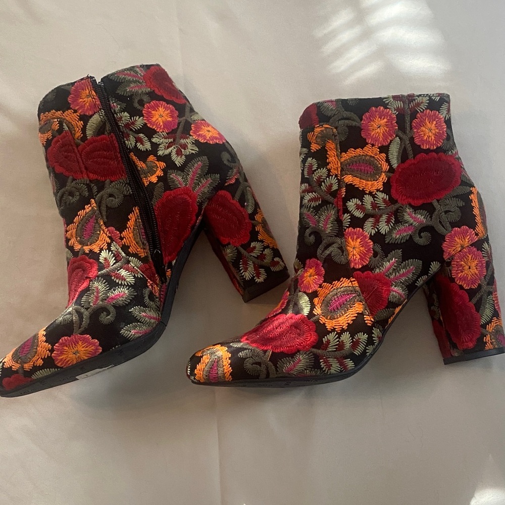 MIA Black Embroidered Ankle Boots with Red & Orange Floral